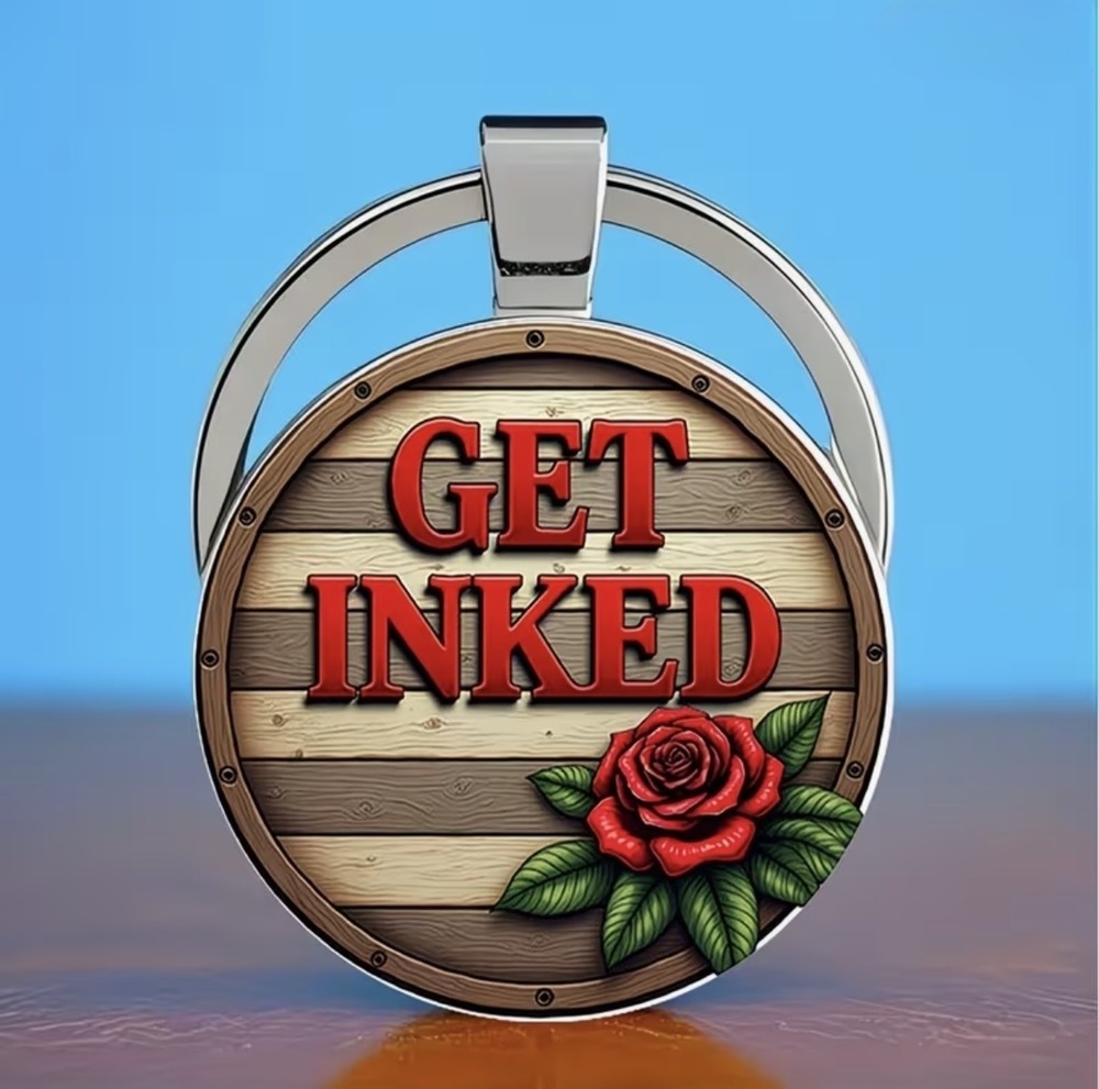 3/$25 GET INKED wood plank background red rose Keychain NEW